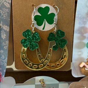 St Patrick’s Day Green Shamrock Horseshoe Earrings
